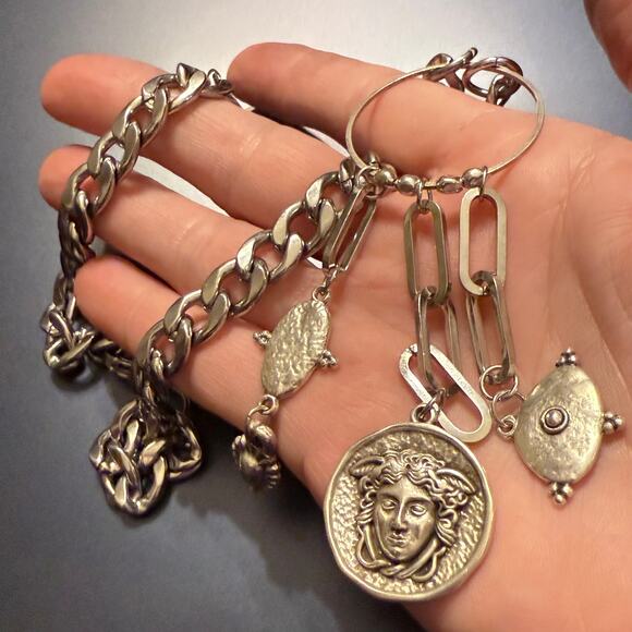 Ancient Greek Coin Medusa Medallion Lariat Steel Necklace - Picture 7 of 7